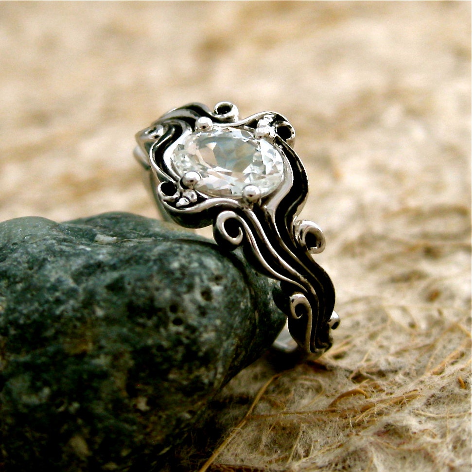Handmade Oval White Sapphire Engagement Ring in 14K White Gold with Ocean Sea Surf Theme with Blackened Grooves