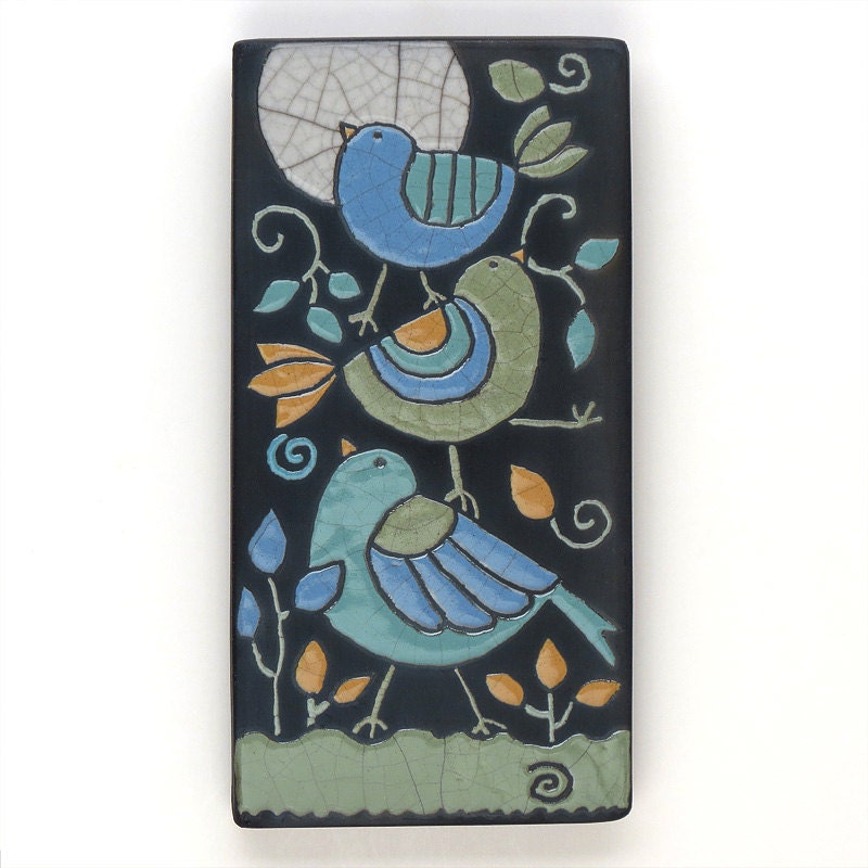 Birds,Ceramic tile,Whimsical, handmade, wall art, home decor 4x8 raku fired art tile