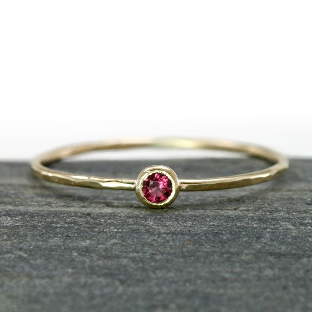 Rhodolite Garnet Stacking Ring in 14k Yellow Gold, Thin Hammered Gemstone Stack Ring