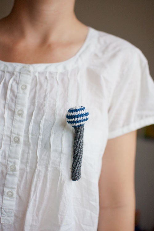 Crocheted Flower Brooch - Playful Jewelry from My Little Garden - Stripped Rose - Navy Blue Natural White Grey Cotton Wool  - OOAK