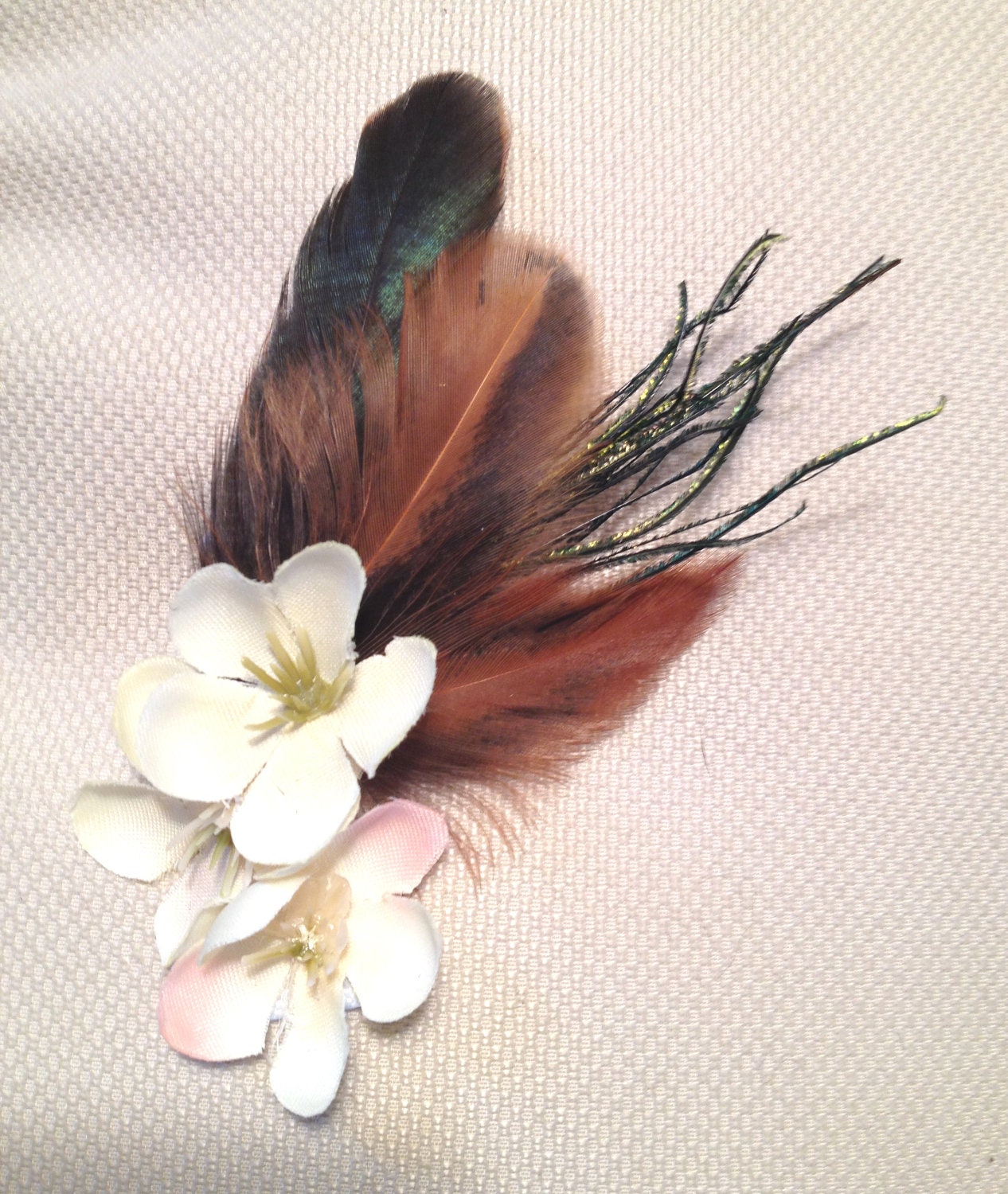 Natural Feather and Cherry Blossom Hair Clip, ready to ship