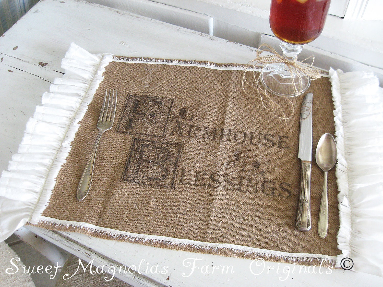 Burlap Table Placemats  "Farmhouse Blessings"  Kitchen Farmhouse Style Country Cottage Chic Rustic Ruffle