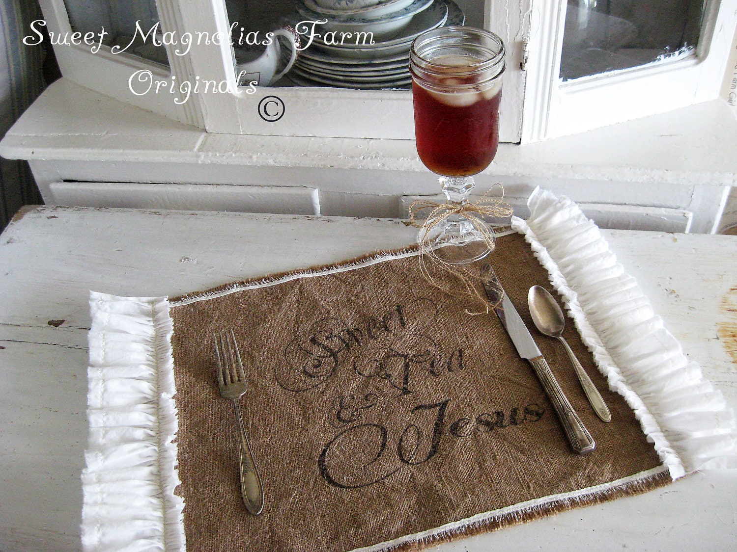 Burlap Table Placemats - "Sweet Tea and Jesus" Kitchen  Farmhouse Style Country Shabby Cottage Chic Ruffle Southern Saying
