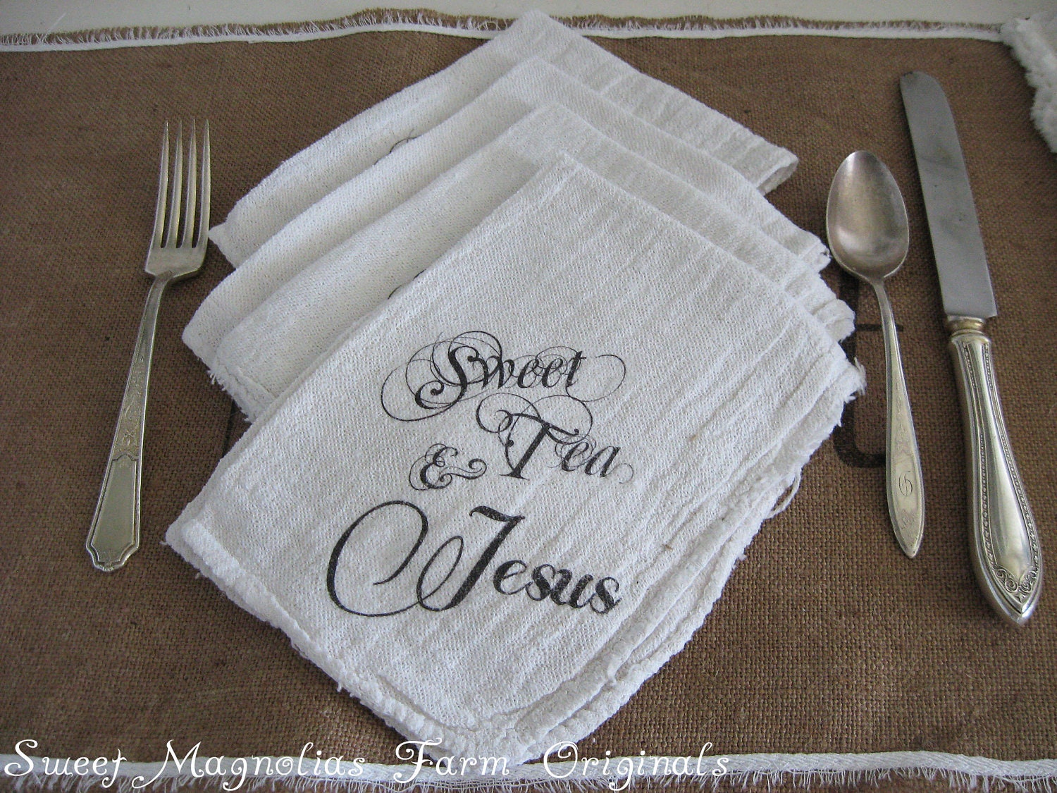 Farmhouse Napkins Set of 4 "Sweet Tea and Jesus"  - Perfect for BBQ's.. Parties.. Weddings .. and Everyday Use