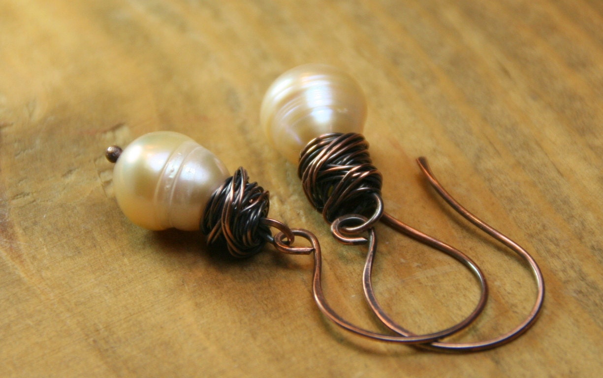 Chunky Copper Wrapped Freshwater Pearl Earrings