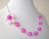 Wire wrap flower necklace, pink purple asymmetrical fuchsia gemstone beaded flower jewelry with pale pink and violet quartz