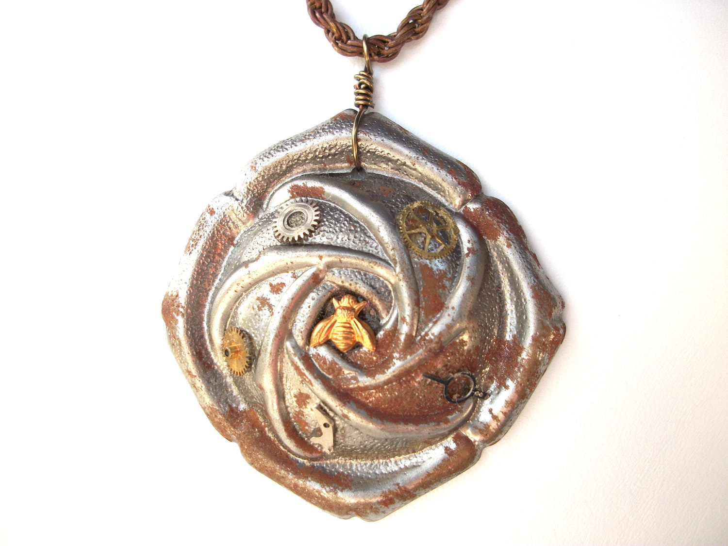 Steampunk Rose Necklace, mechanical rose pendant necklace with brass bee and watch parts, gears, mixed metals OOAK MacKintosh Rose