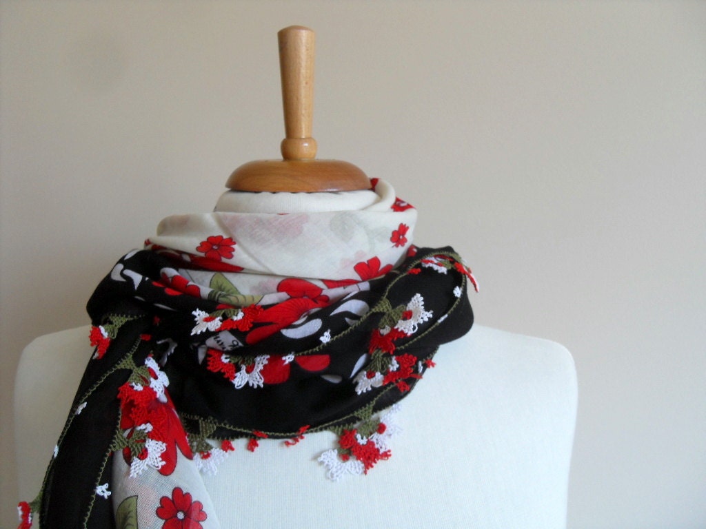 Christmas Gift,Turkish Anatolians Scarf,Red Blood Roses, Cotton Shawl, Needle Lacework Shawl Black Shawl