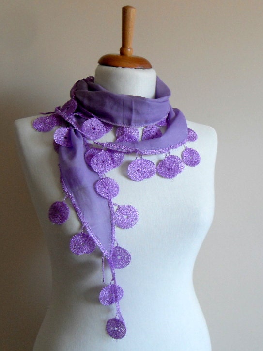 Purple Scarf - Cotton Scarf - Cowl with Lace Edge - Circle Scarf - Bridesmaid Gift