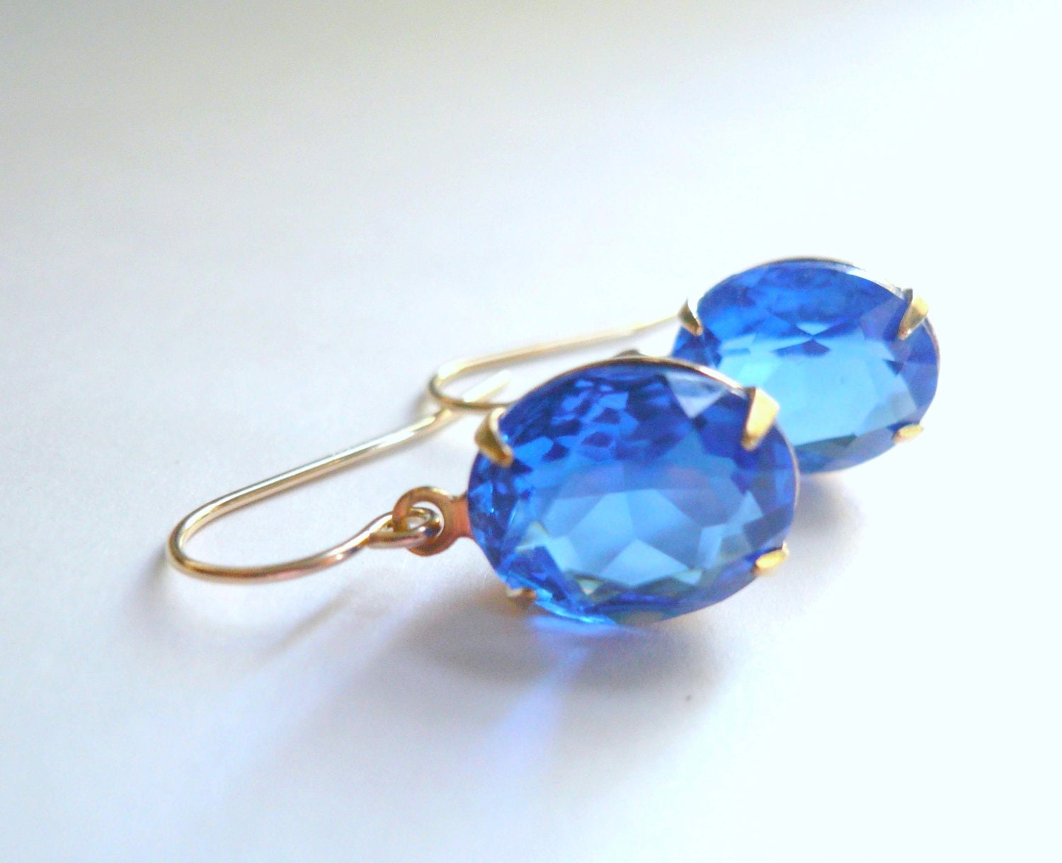 Blue sapphire earrings. Vintage cobalt cut glass on new 14K gold fill ear wires.