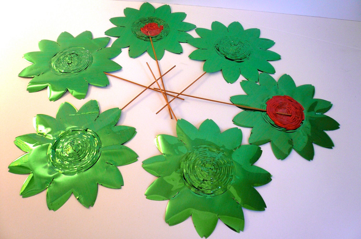 Vintage (8) Christmas Foil Flower Ornaments Green