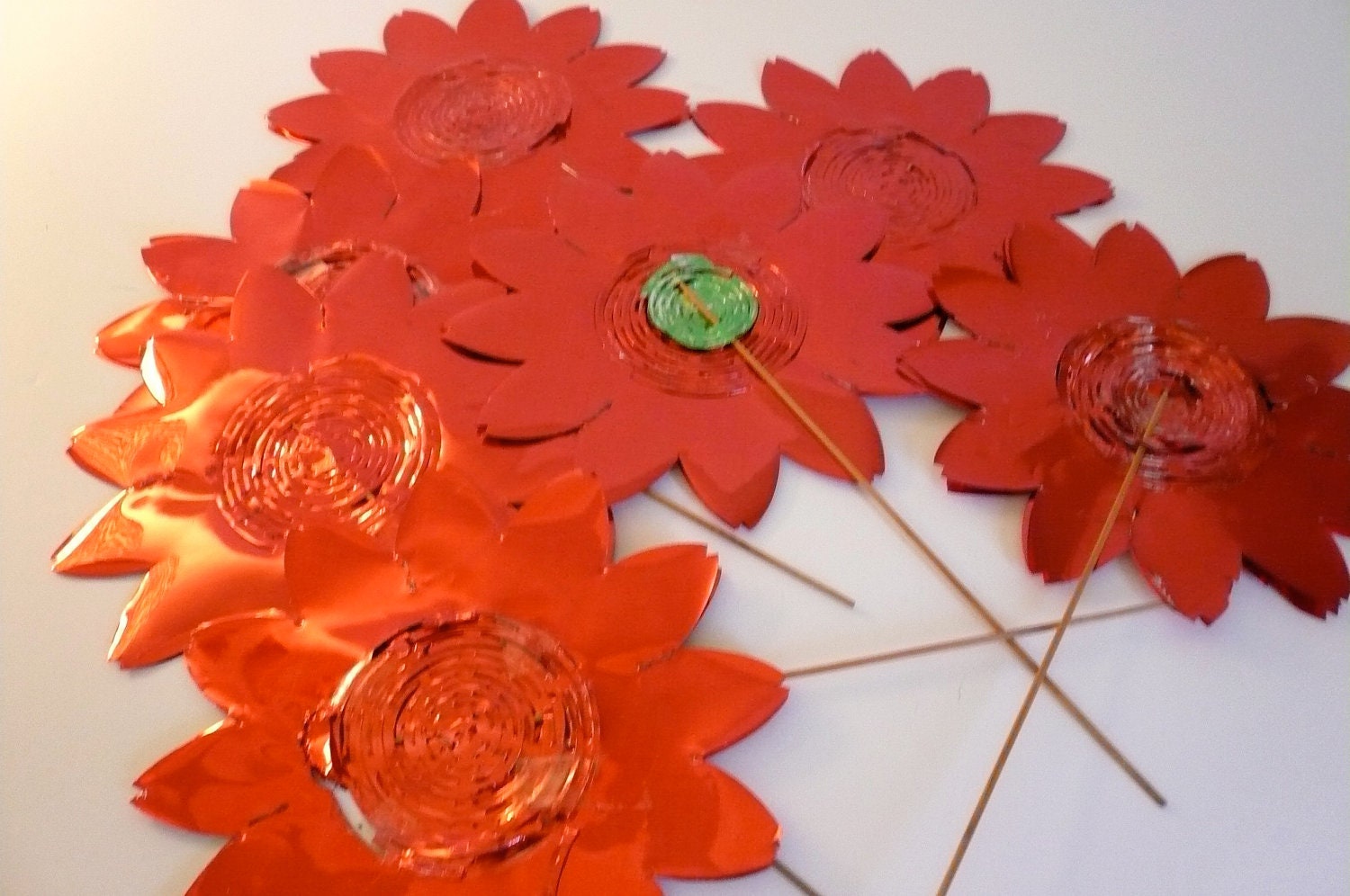 Vintage (7) Christmas Foil Flower Ornaments RED