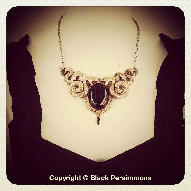 2013 Year of the Snake - Onyx Cabochon - Swarovski Jet Teardrop Crystal Bead - Soldered Patina American Made Brass Stampings