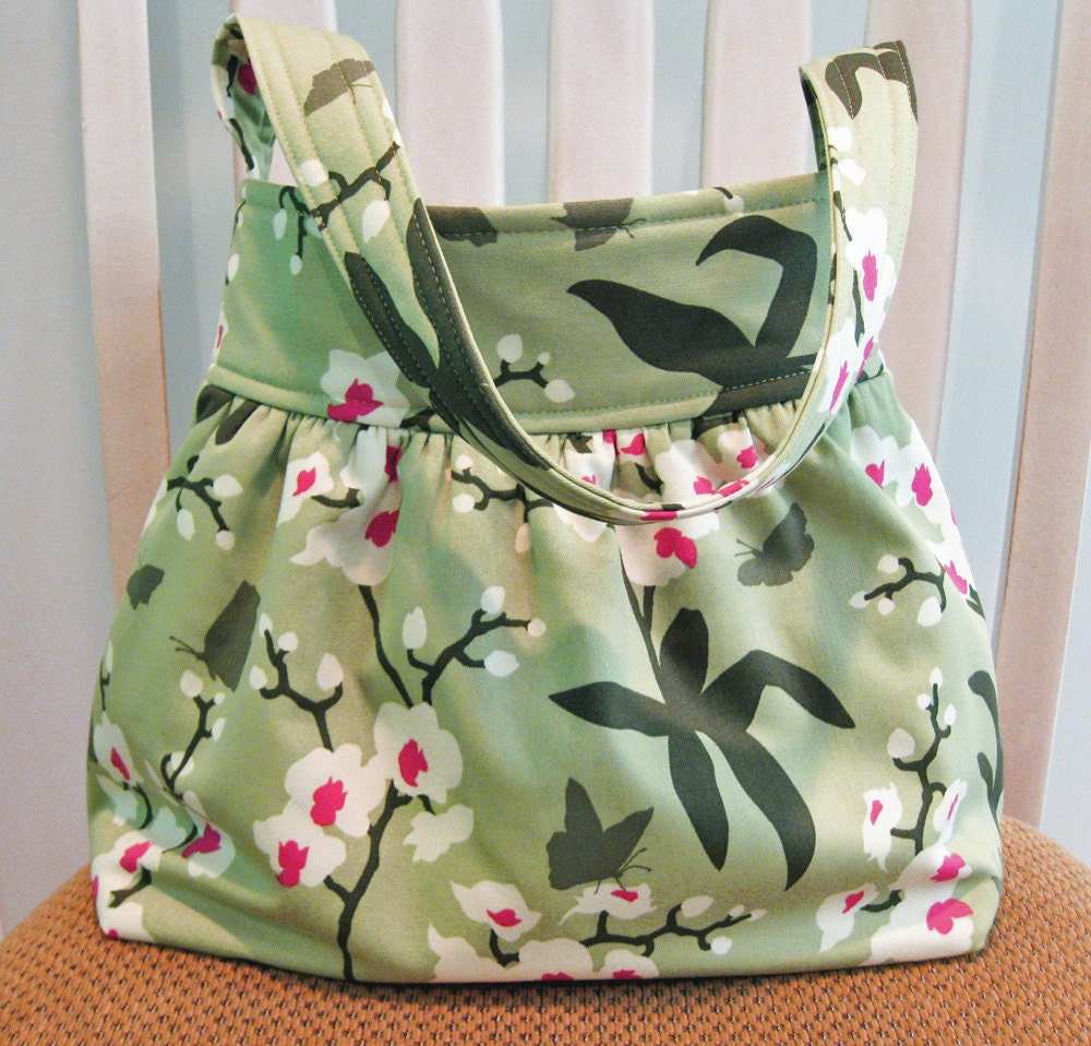 Gathered Fabric Bag in Joel Dewber ry Ginseng Celery Green Orchid ...