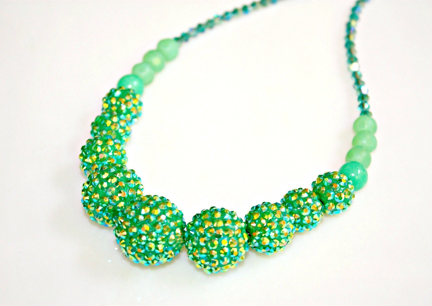 Green Sparkle Necklace - Envy with Green Crystal Balls, Fancy Cut Glass Bead and Austrian Crystals by Mei Faith