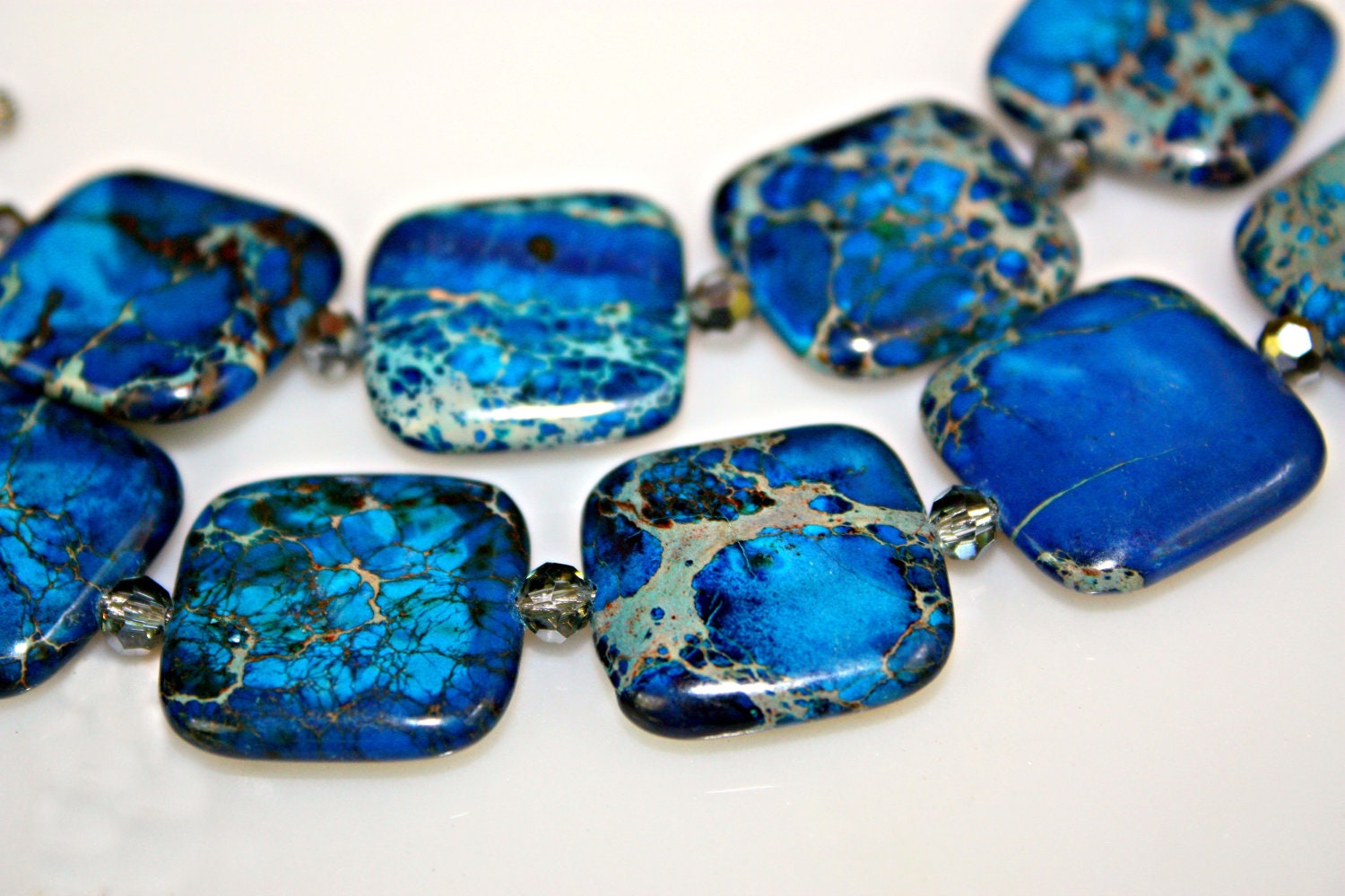 Silver Blue Necklace - Imperial Jasper with Smoky Gray Austrian Crystals Toggle Closure by Mei Faith