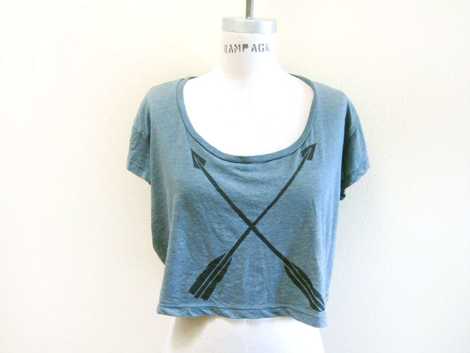 SAMPLE SALE - Tribal Arrows Drop Shoulder Hand Stenciled Slouchy Deep Scoop Neck Crop Tee in Heather Green - OS Medium/Large