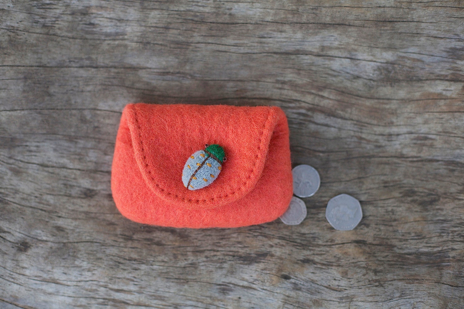L for Ladybirds "  wool felted red orange purse with felted  beetle button