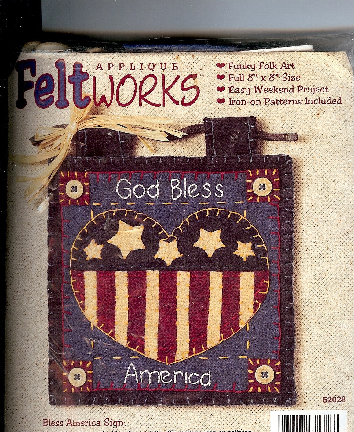 Feltworks Applique Bless America Sign, Funky Folk Art from Dimensions, 1995, 8 by 8 Inches