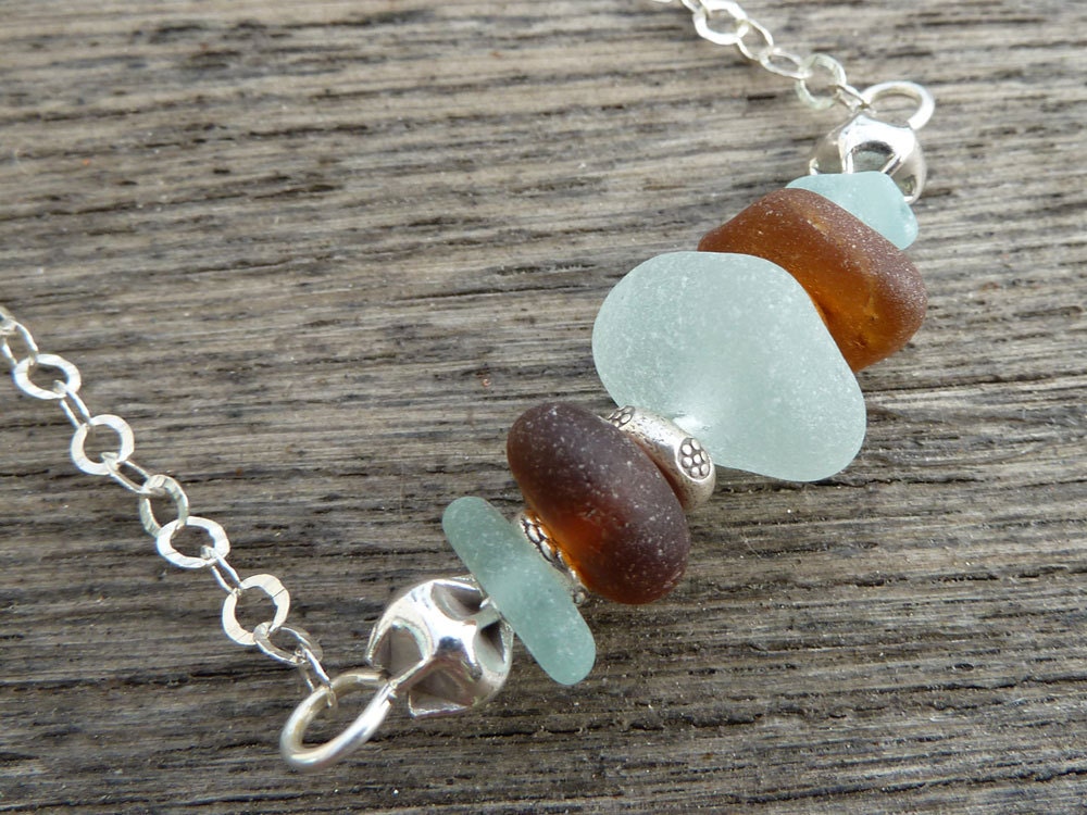 Amber and Aqua Sea Glass Sterling Silver Necklace