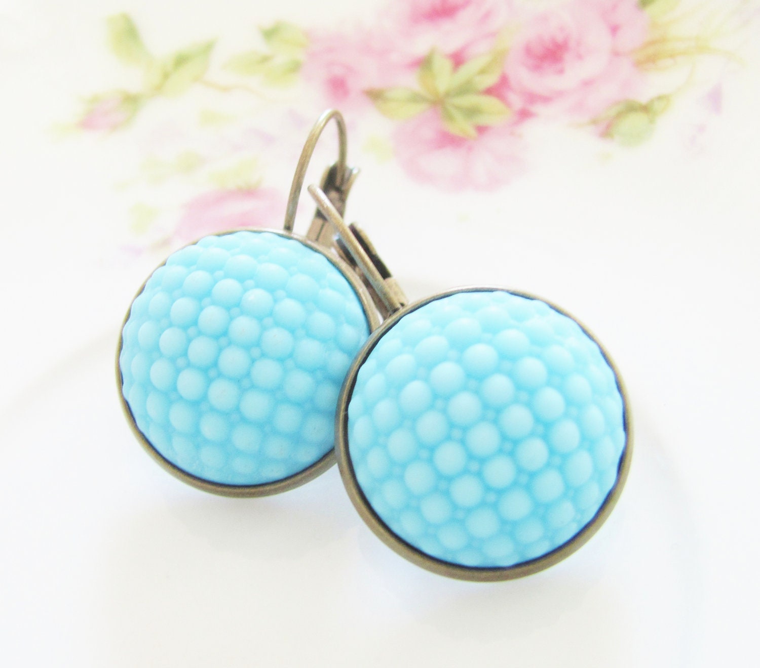Aqua Blue Hobnail Earrings - Vintage Aqua Blue Glass Bumpy Quilted Hobnail Bohemian Antique Brass Earring Drop Dangles