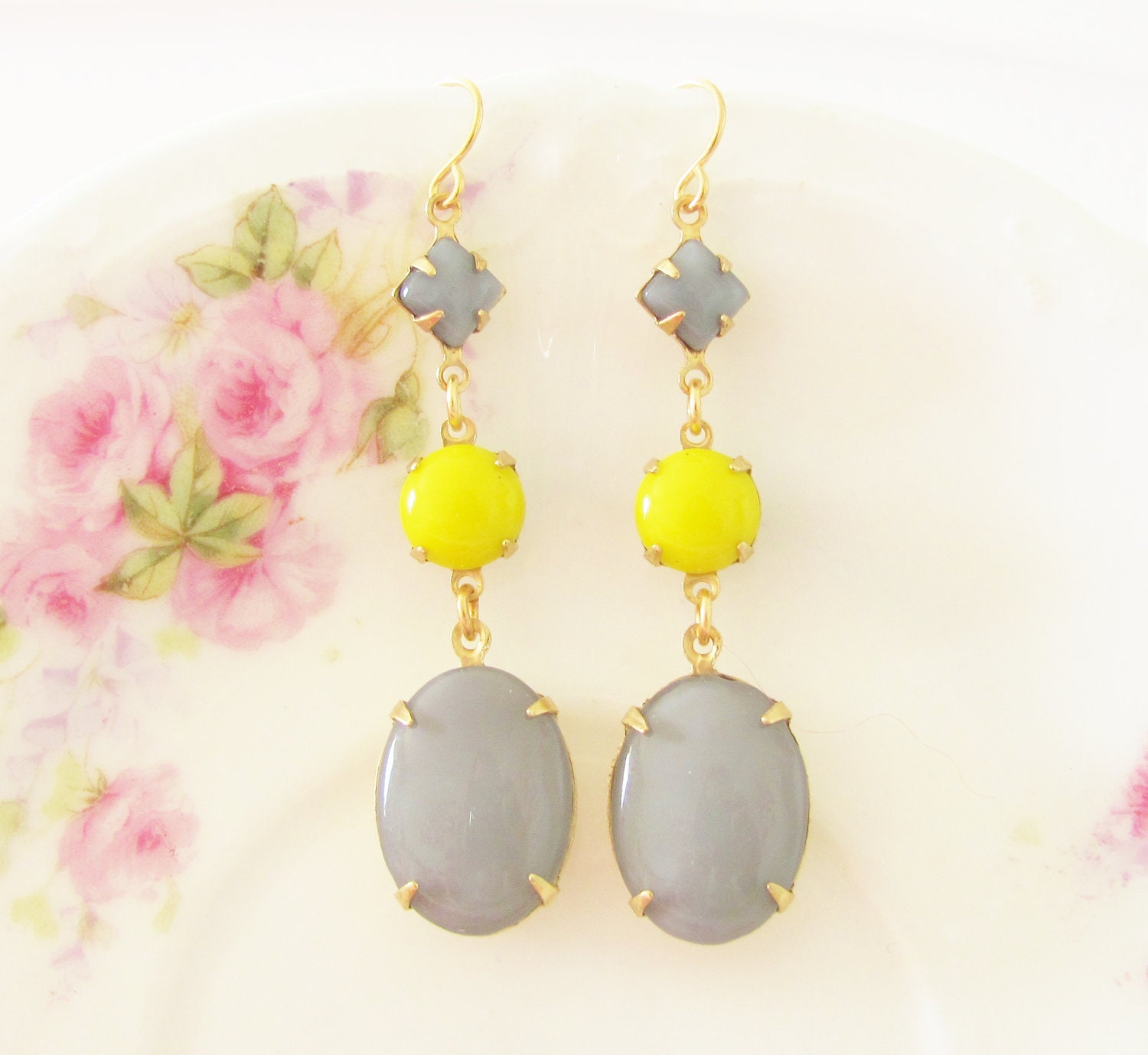 Yellow and Gray Earrings - Vintage Lemon Yellow and Gray Moonstone Dangle Earrings - Wedding, Bridal, Bridesmaid