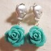 Sugar Skull Earrings, Aqua Rose Earrings - Rosas Muertas, Halloween Skull, Halloween Earrings, Dia de los Muertos