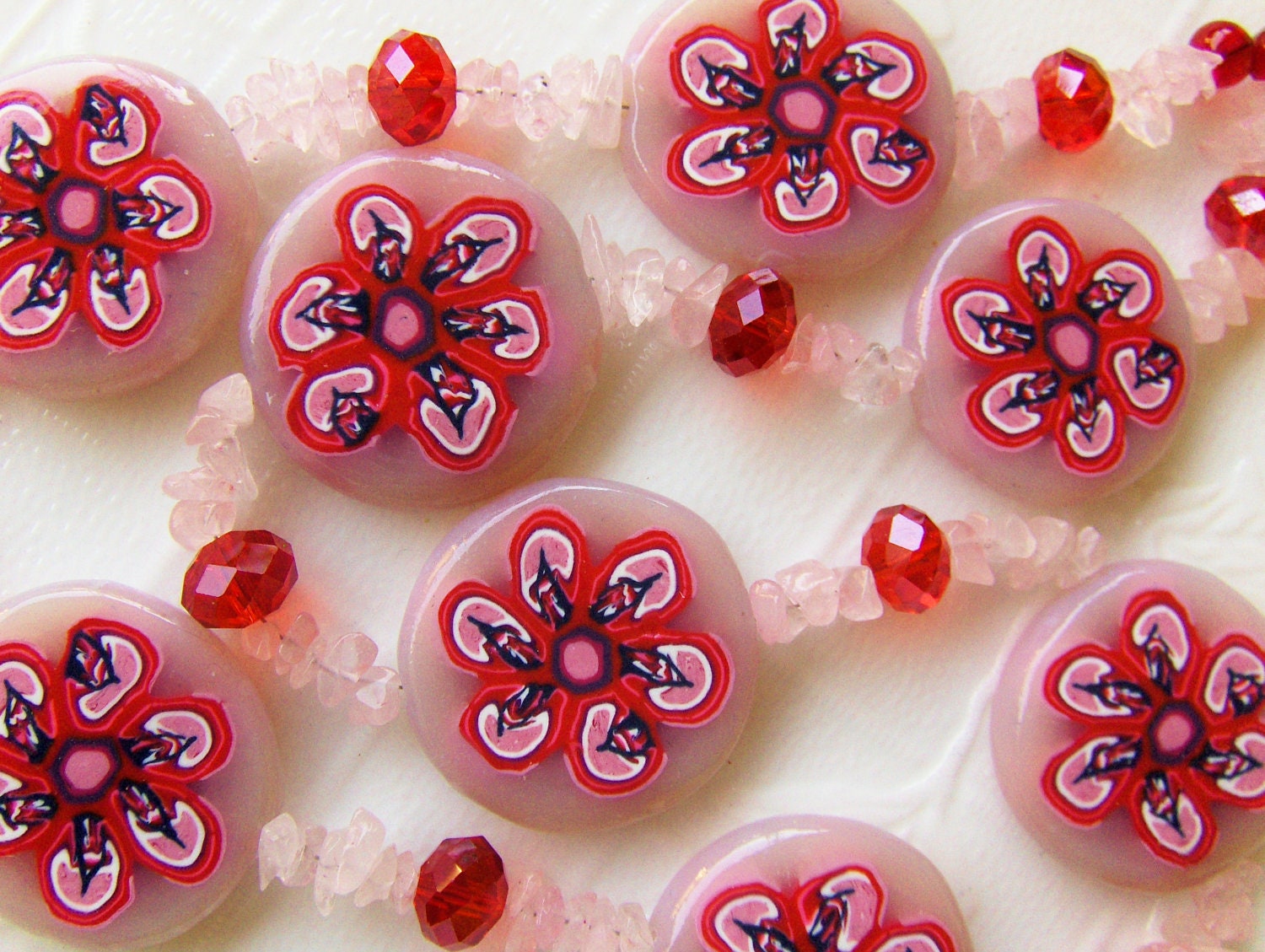Jewelry KIT - Polymer Clay Cane Flower Art Beads, Pink Quartz, Red Crystal Beads, and Wire - Make Fashion Jewelry