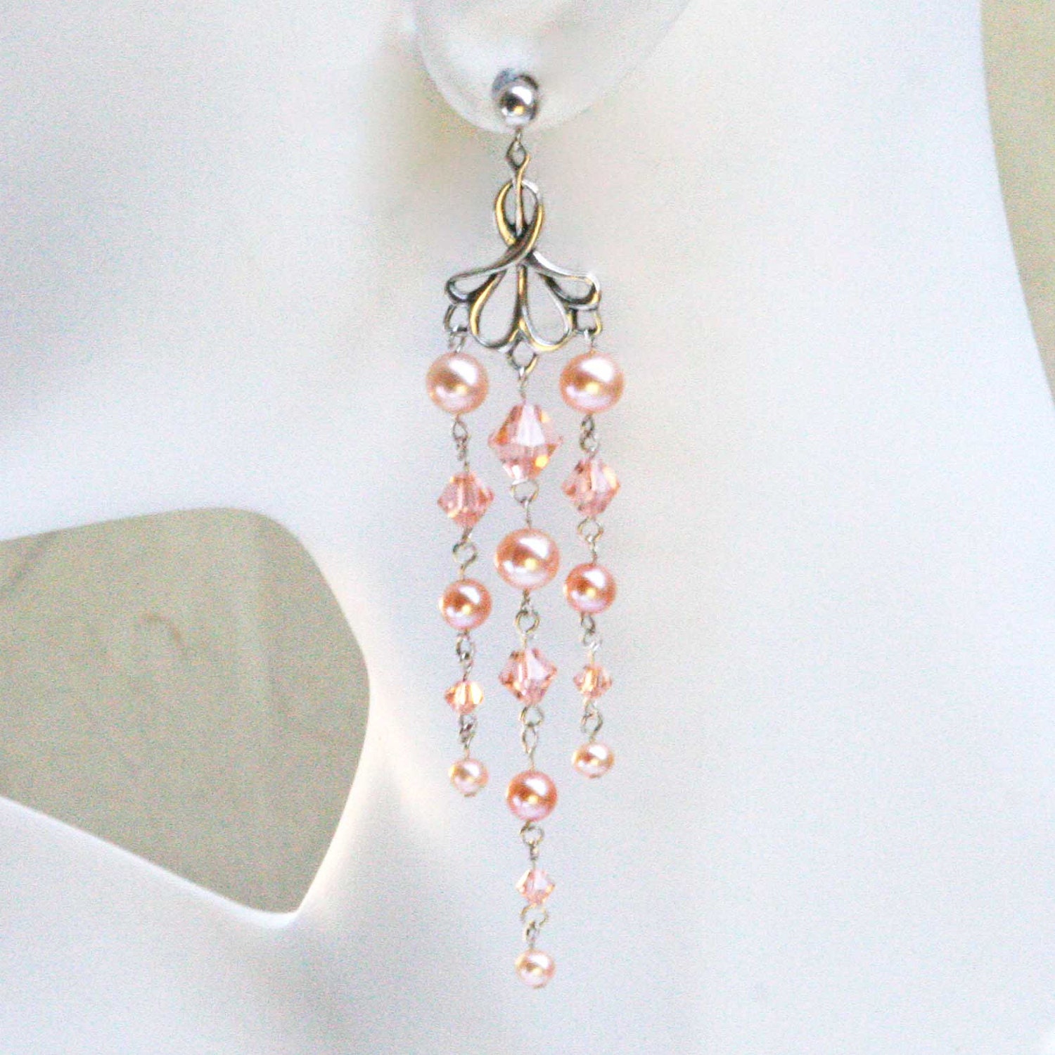 Handmade Pearl Earrings, Filigree, Sterling Silver, Swarovski Crystal