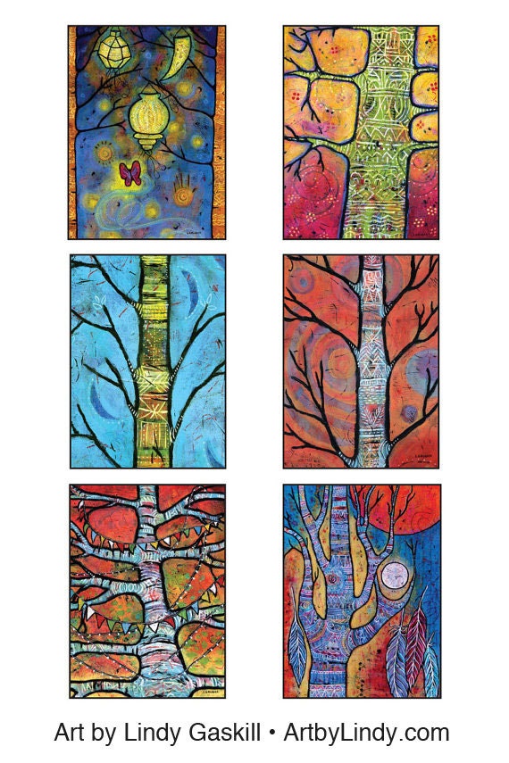 ON SALE - 5 x 7 Greeting Card Set - Whimsical Tree series - 6 cards of different designs