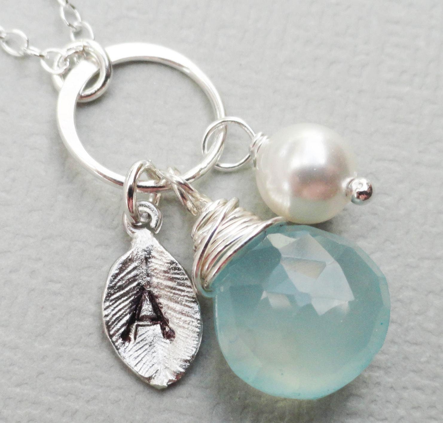 Personalized Necklace With Aqua Blue Chalcedony Sterling Silver Bridal Party, Wedding, Monogram Necklace