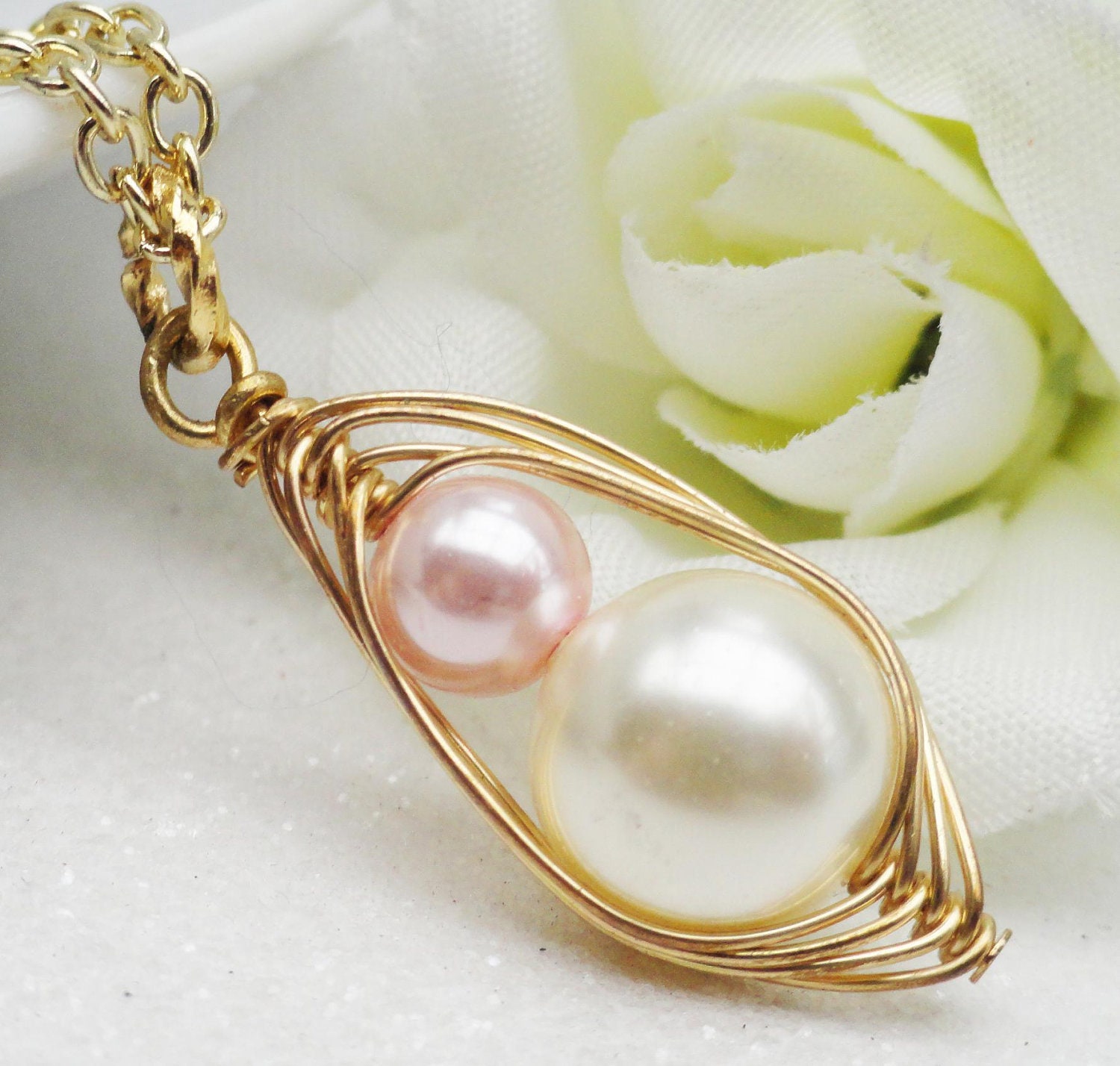 Mother And Daughter Wire Wrapped Pendant Necklace Swarovski Pearls