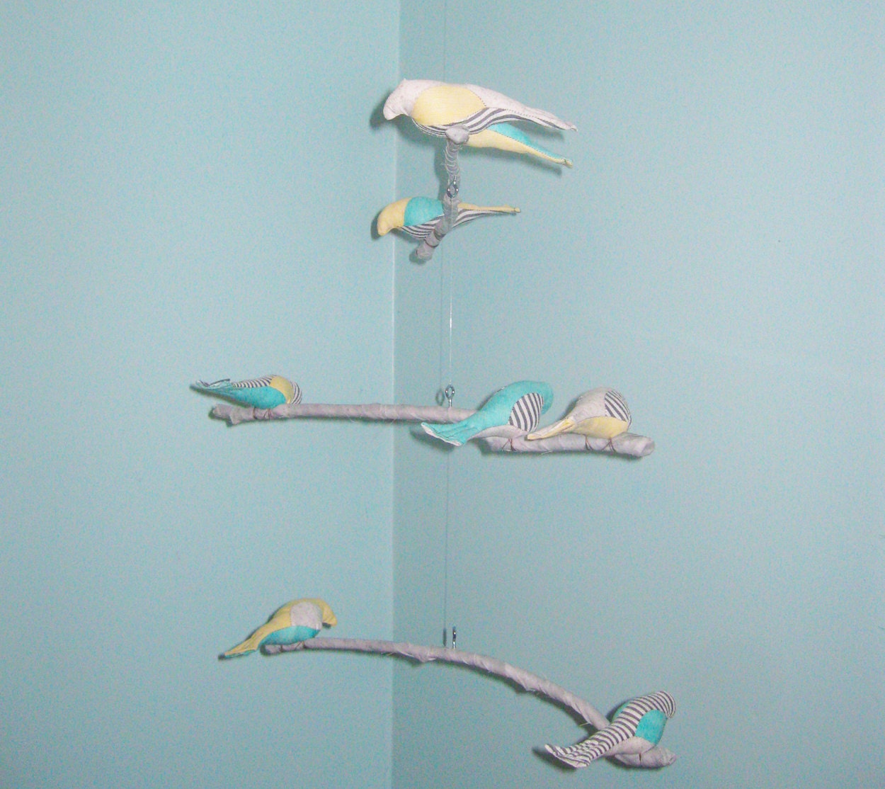 Bird Mobile-Fabric branches, white, grey, aqua, yellow