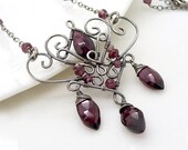 Silver red garnet necklace, Wire wrapped jewelry, Handmade garnet jewelry, Sterling silver, Dark red gothic necklace