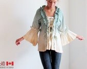 Gothic Lolita Alice Steampunk Lace Up Blouse. Teal and Ivory Hand Dyed Cotton. Ruffles Baroque Rococo.