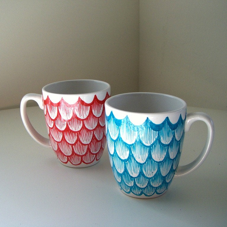 Ceramic Coffee Mug Set Painted Turquoise Blue Red Scallops Scales Nautical His and Hers Cups - READY TO SHIP