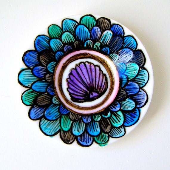 Jewelry Dish Ceramic Plate Shell Painted Purple Seashell Nautical Home Decor Scallops Blue Turquoise Upcycled
