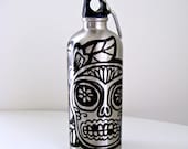 Sugar Skull Water Bottle Silver Sport Bottle Eco Friendly Metal Aluminum Day of the Dead Hand Painted Black 20 oz BPA Free - ready to ship