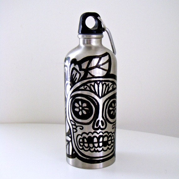 Sugar Skull Water Bottle Silver Sport Bottle Eco Friendly Metal Aluminum Day of the Dead Hand Painted Black 20 oz BPA Free - ready to ship