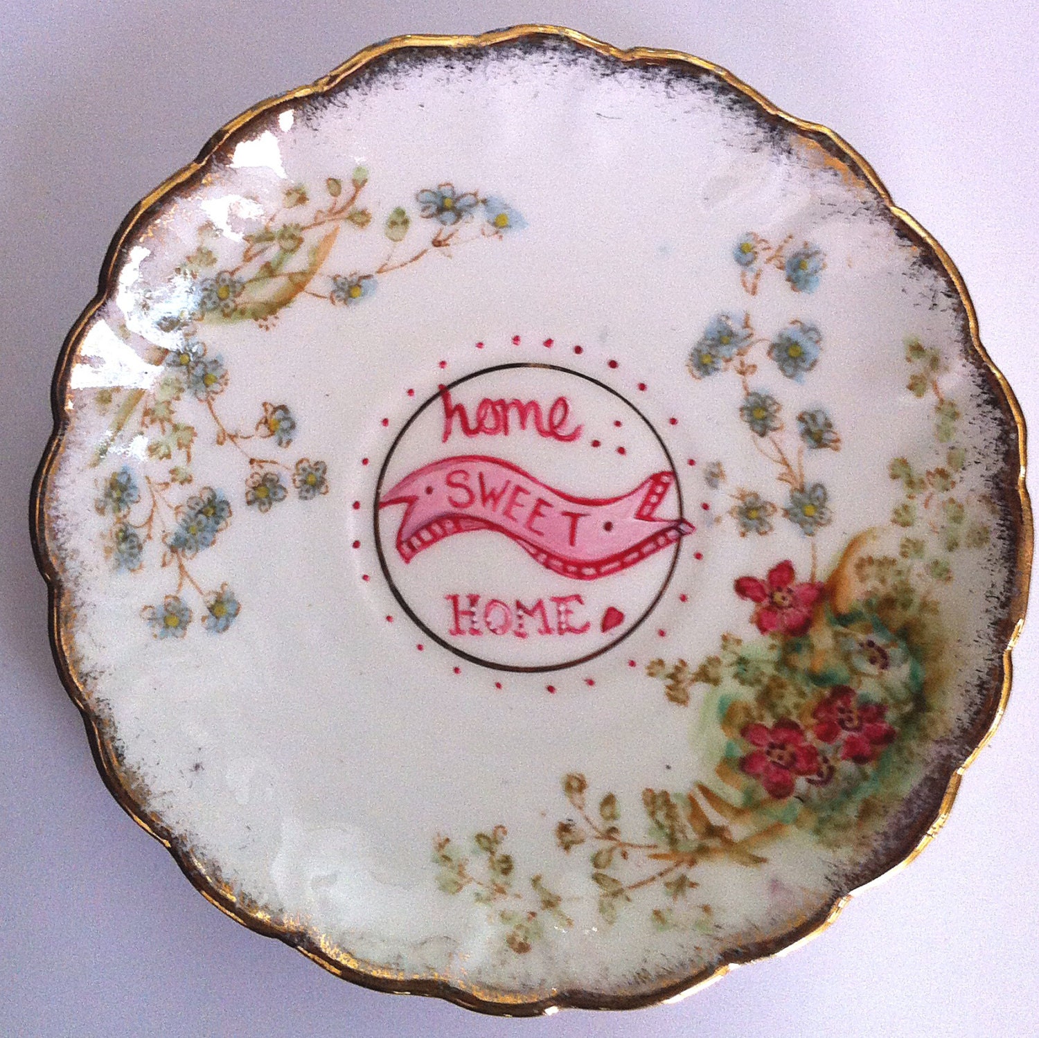 Home Sweet Home - Vintage Up Cycled Vintage Plate - Hand painted and Original One Off Piece