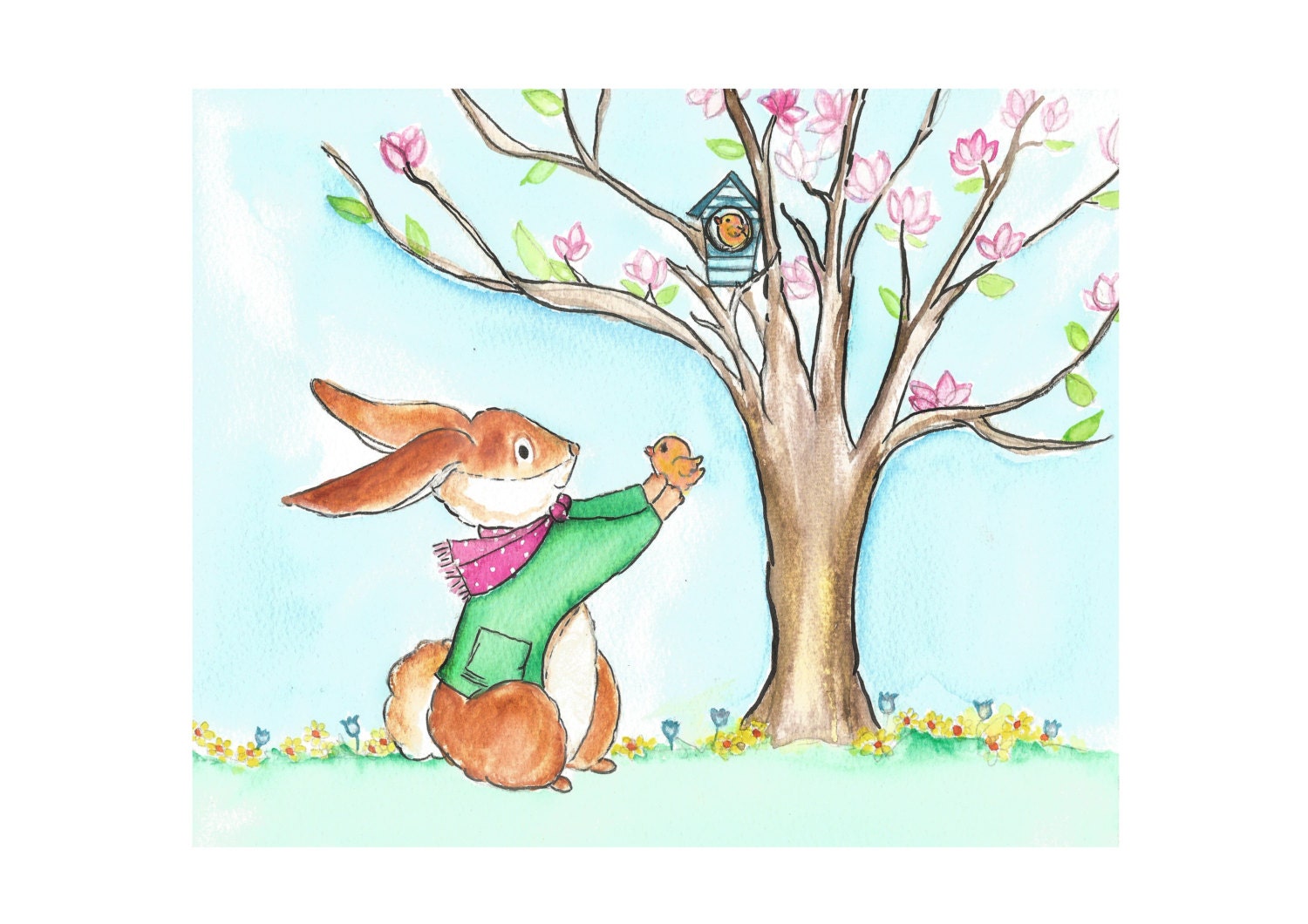 Bunny and bird wall art print