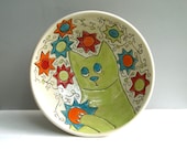 Kitty Bowl, Serving, With Green Cat And Colorful Flowers