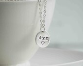 Silver Greek Letter Necklace Hand Stamped Necklace Big Sis Little Sister College Charm Sterling Silver Fine Cable Chain Heart Personalized