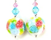 Pastel Flower Earrings, Chintz Lampwork Earrings, Blue Pink Yellow Glass Bead Earrings, Spring Earrings, Beadwork Earrings - Hydrangea
