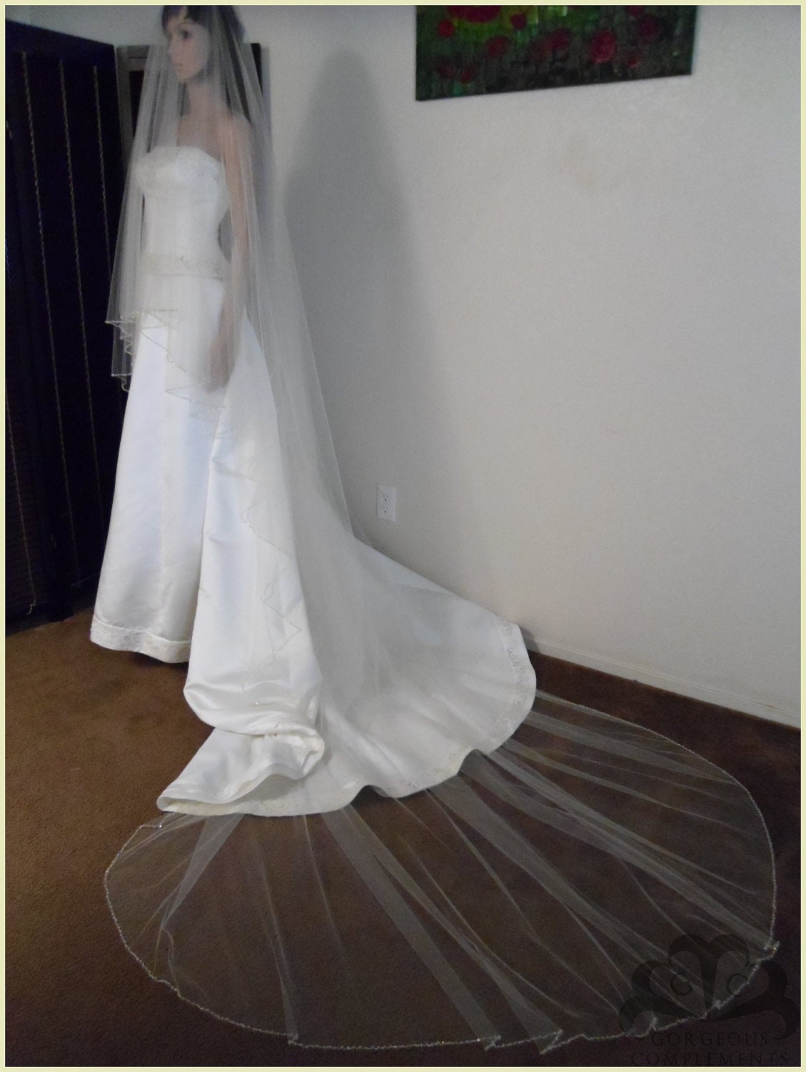 Beaded Edge Cathedral Gorgeous Drop Ivory Bridal Veil Custom Made with Swarovski Pearls and Crystals