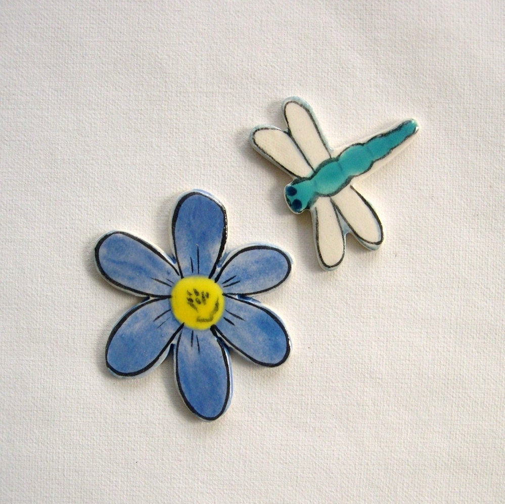 Dragonfly and flower Bright Ceramic Mosaics art tiles hand painted ceramic