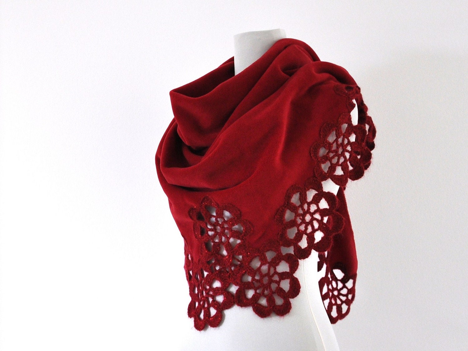 Red Fleece Shawl Wedding Shawl Bridal Wrap Stole Crochet Flower Motifs Triangle Bridal Accessories Valentines Day Love Gift for Her - reflectionsbyds