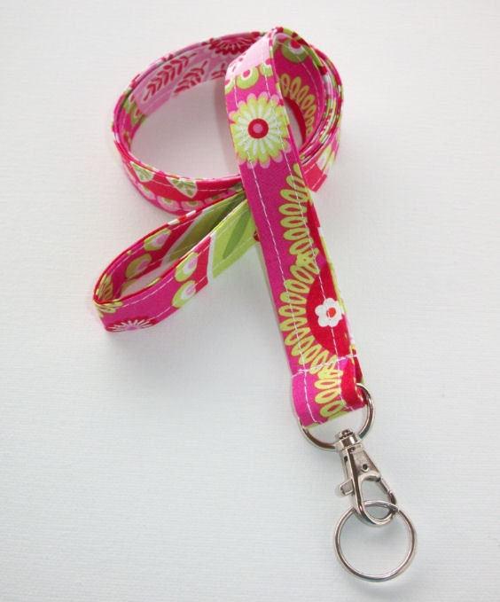 Lanyard  ID Badge Holder - Gyspy Bandana Pink Lime Green - Lobster clasp and key ring