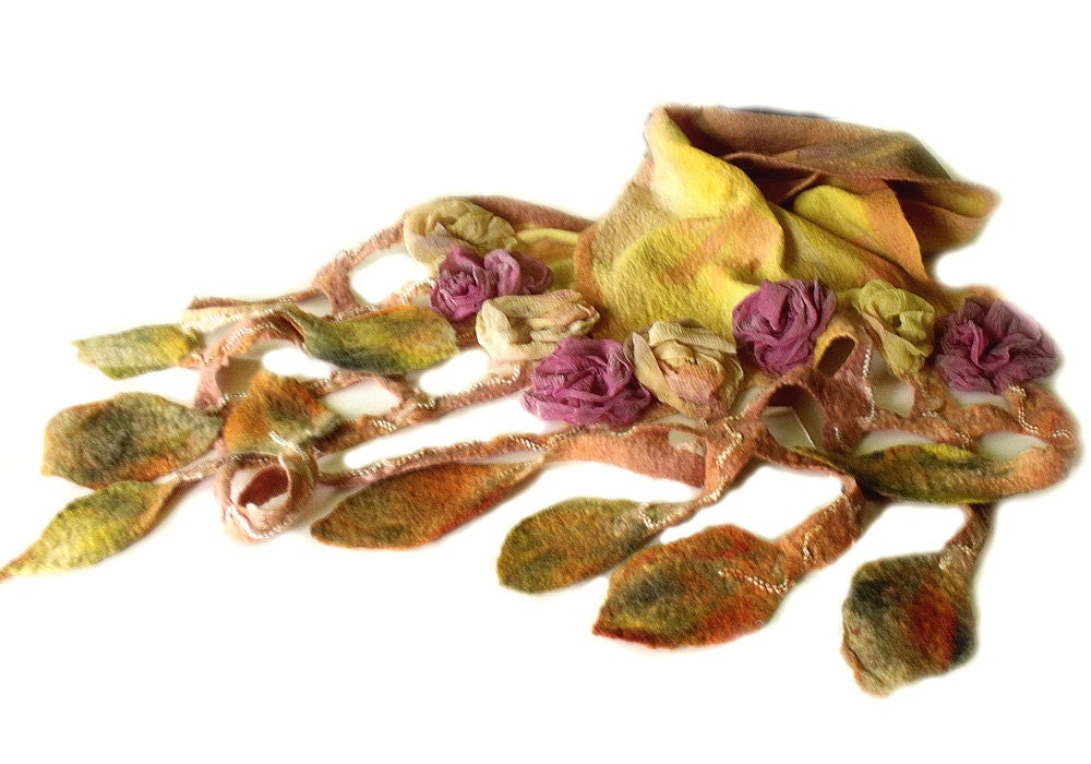 Nuno felt scarf wool silk chiffon 3D silk flowers grid leaf fringe autumn wedding yellow mustard green purple