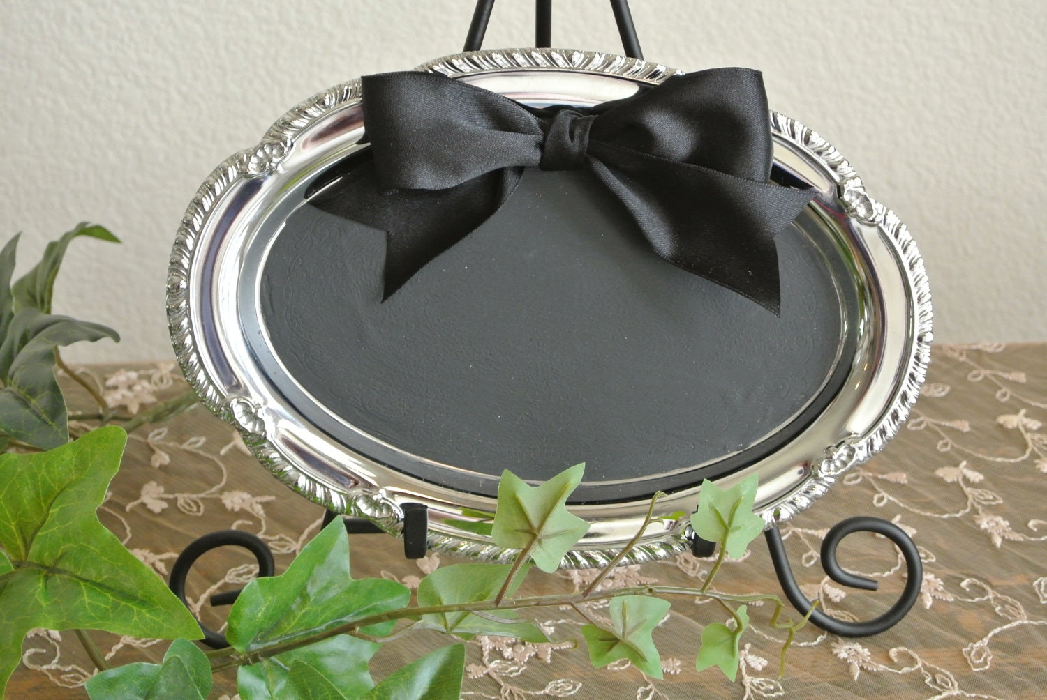 Small Up Cycled Oval Tray Chalk Board / Black Board / Message Board with Black Satin Ribbon for Hanging